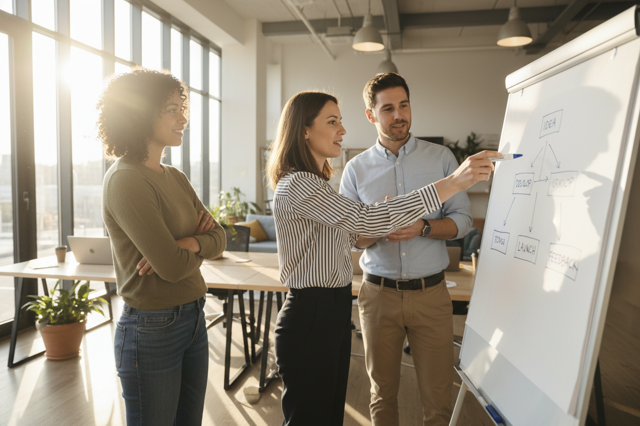 Small team collaborating at a whiteboard