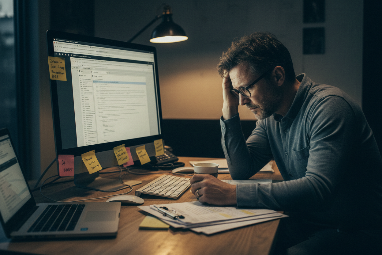 Business owner working late at a cluttered desk