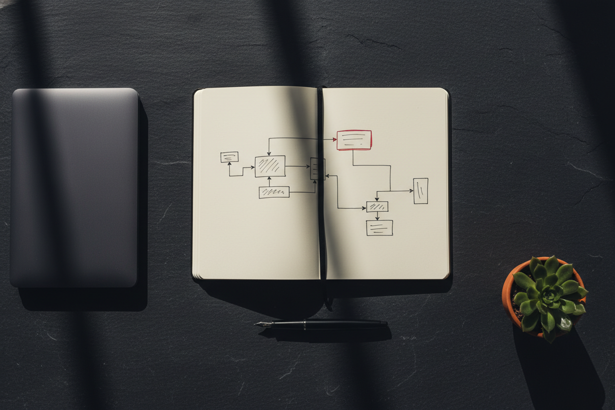 Top-down desk flatlay with notebook and laptop