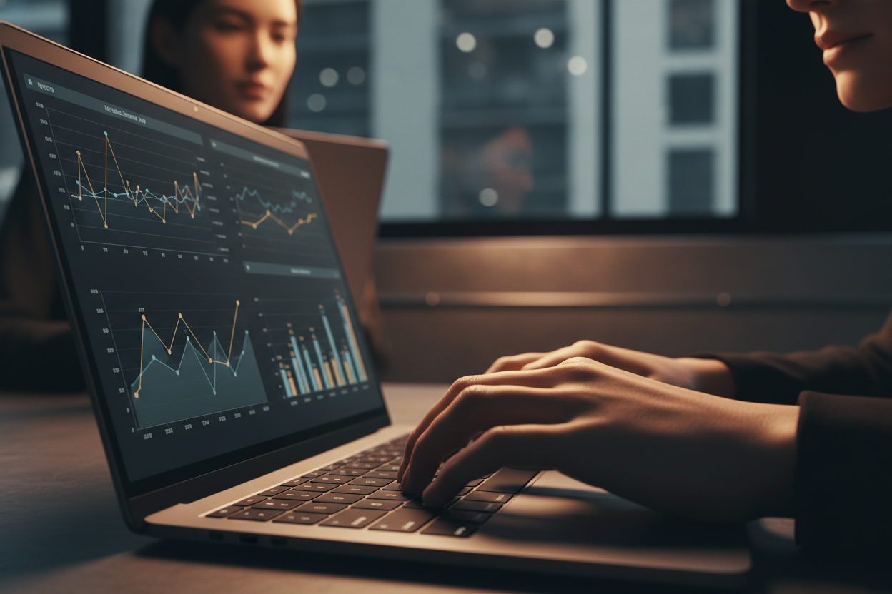 Operator typing on a laptop in a dark office